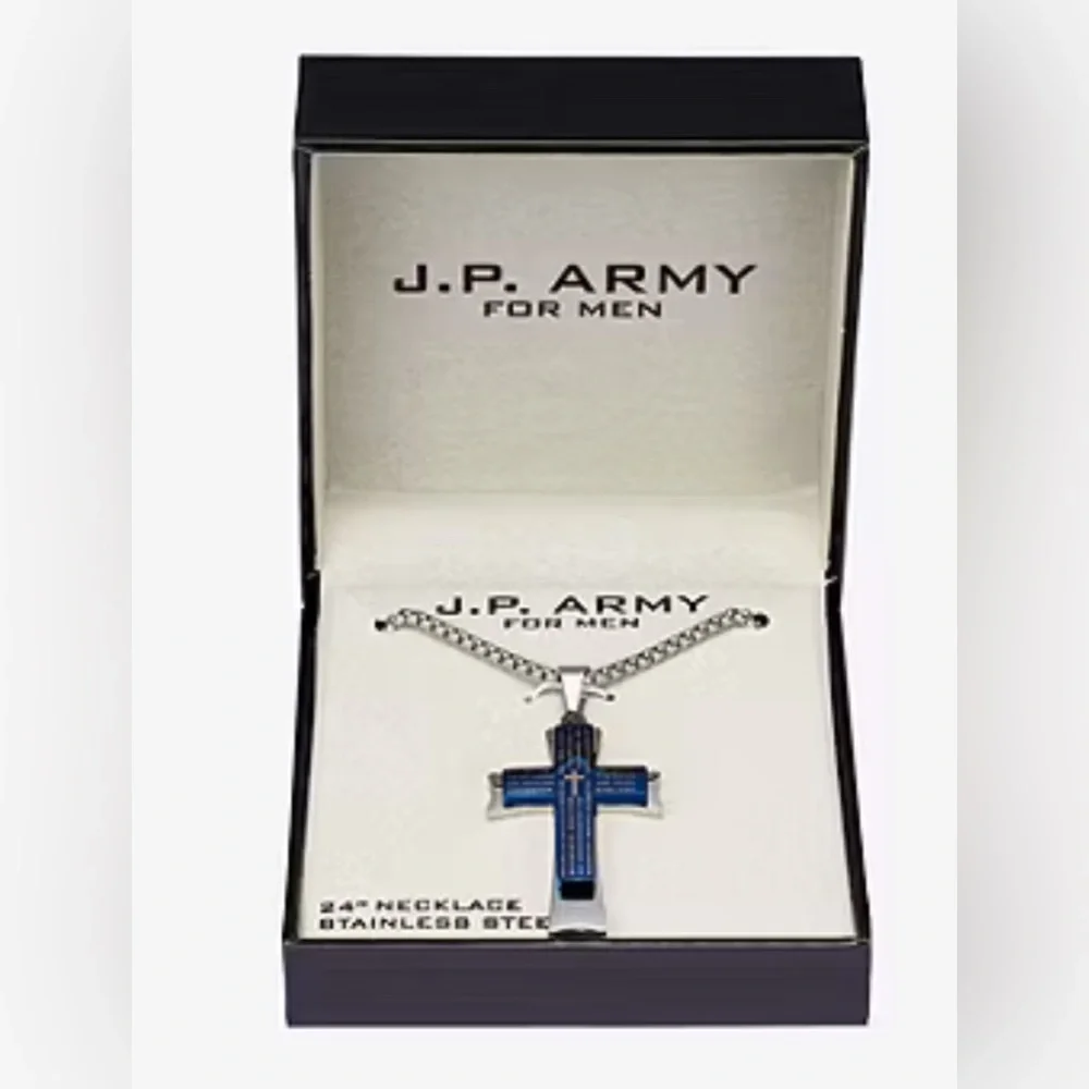 J.P. Army Men's Jewelry Stainless Steel 24 Inch Link Cross Pendant Necklace